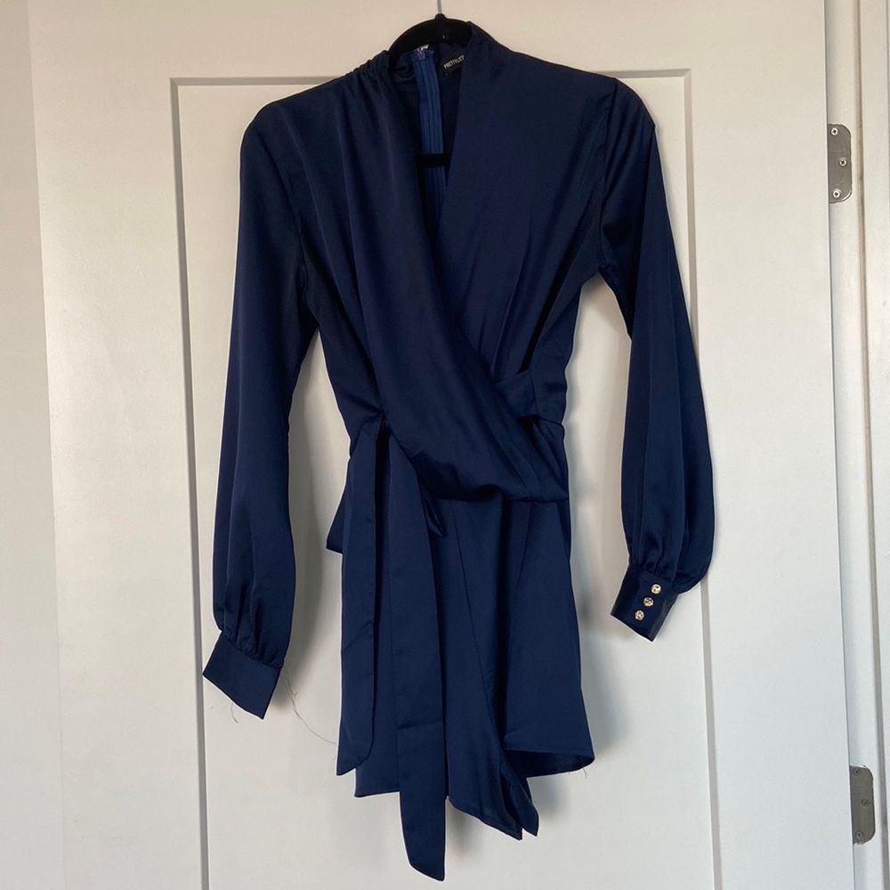 Blue silky long sleeve romper